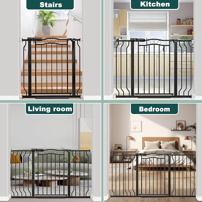 Fairy Baby 29.5"-53.1" Extra Wide Baby Gate for Doorways, No Drill Baby Gate for Stairs Hallway, Pressure Mounted Safety Child Gate Pet Barrier, Walk Thru Auto Close Metal Dog Gate Indoor, Black