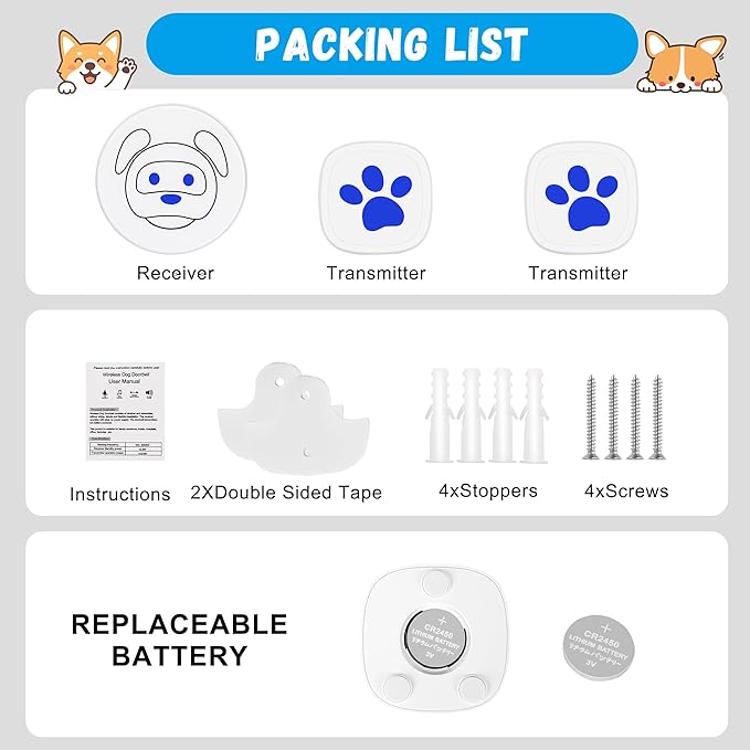 Dog Doorbell, Wireless Ring Bell to Go Outside, IP55 Waterproof Buttons, 55 Melodies, 4 Volume Levels & 950ft Range (White, 2 Recievers 2 Transmitters)
