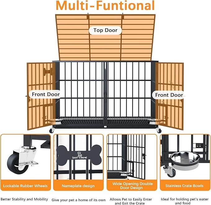 Dosker 48/42 inch XL Dog Crate for Large Dog/Double Medium Dogs,Heavy Duty Metal Dog Cages,All Metal Open Top Stackable,Dog Kennel Indoor with Wheels,Floor Grid, Tray, Divider and Feeding Bowl