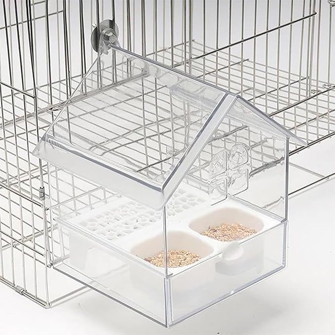 Pull-Out External Parrot Feeder, No Mess Hanging Bird Feeder for Cage, Multi-Function Transparent Bird Seed Platform Parrot Bath Tub Pet Feeding & Watering Supplies Easy to Clean (White)