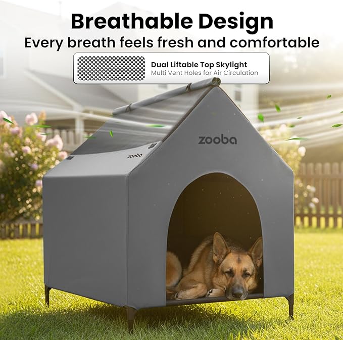 29" 2-in-1 Dog House for Medium Dogs, Elevted Dog House Outdoor/Indoor, Weatherproof Elevated Pet Shelter, Breathable Mesh & Steel Frame, Easy to Assemble & Clean(Grey)