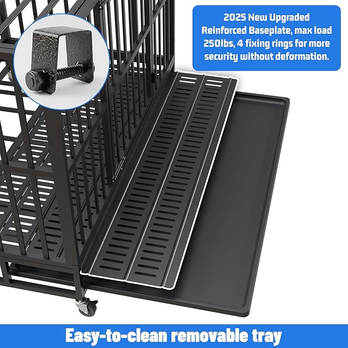 38 Inch Heavy Duty Indestructible Dog Crate, XL Steel Escape-Proof Kennel for Large Dogs, Double Door Design with 4 Locking Wheels & Reinforced Baseplate, Ideal for High-Anxiety Dogs