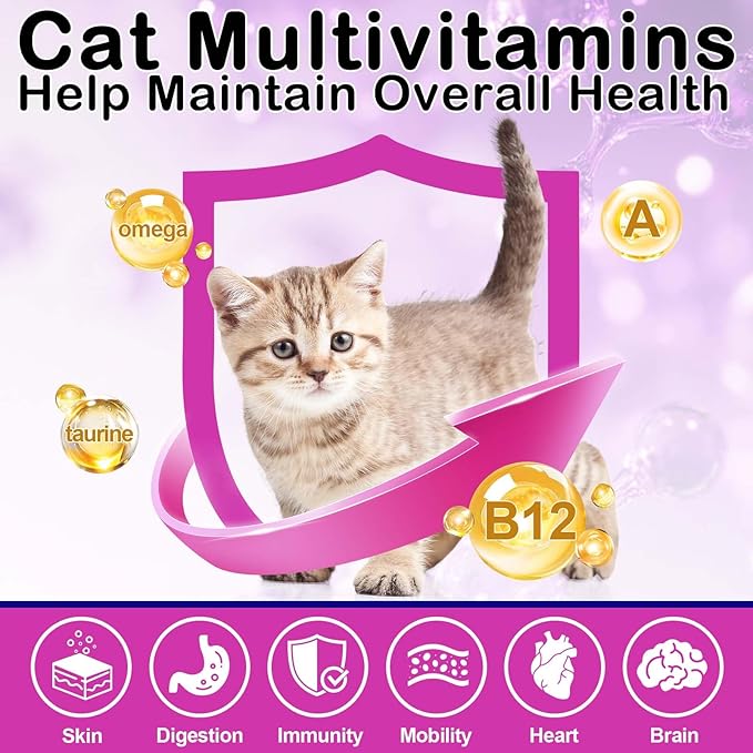 Cat Vitamins Treats, 15 in 1 Cat Multivitamin Chews Vitamins with Taurine, Omega-3s Fatty Acids, Prebiotics for Health, Bones, Joint, Skin & Coat, Digestion, Immune Support, (30 Day Supply)