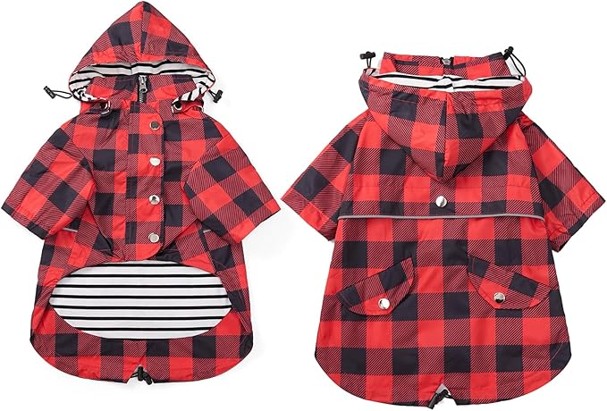 Dog rain Coat Waterproof Raincoat Puppy Jacket with Legs Buttons Zipper Hood Drawstring Fit for Yorkie Terrier Schnauzer Poodle Border Collie Labrador Golden Retriever 8lbs to 80lbs Red L
