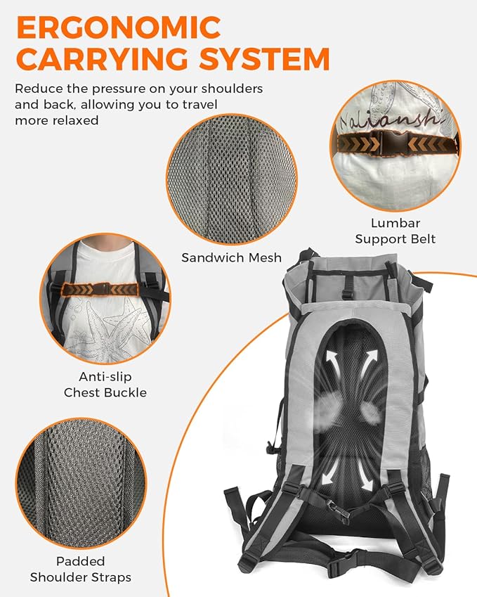 Dog Backpack Carrier for Medium Dogs - 4-Layer Protection, Under 30 lb, Waterproof, Adjustable Dog Travel Bag with Storage Pockets, Reflective Strips, Non-Slip Handle for Hiking - Grey