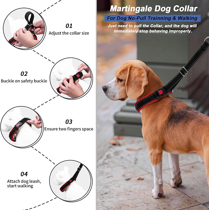 Martingale Collar for Dogs, Hidden No Pull Dog Collar with Buckle, Reflective Nylon Choke Collar Adjustable Limited Slip Collar for Large Medium Small Dogs Anti Pull Training Walking L Red