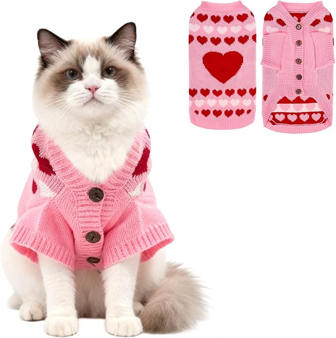 EXPAWLORER Cat Valentines Outfit Sweater Cardigan - Valentine's Day Knit Cat Clothes, Soft Puppy Sweater with Sleeve, Cute Warm Pet Clothing Knitwear, Kitten Coat for Girl Boy Cats, Love Heart L