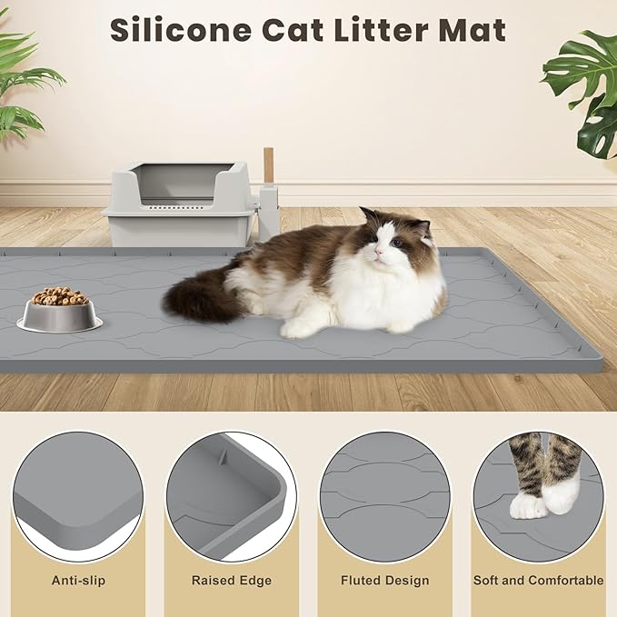 Cat Mat for Litter Box, 34" X 22" Large Silicone Cat Litter Trapping Mat, Easy Clean for Scatter Control, Soft on Kitty Paws, Waterproof, Urine-Proof, Non-Slip Kitty Litter Mat for Floor, Gray