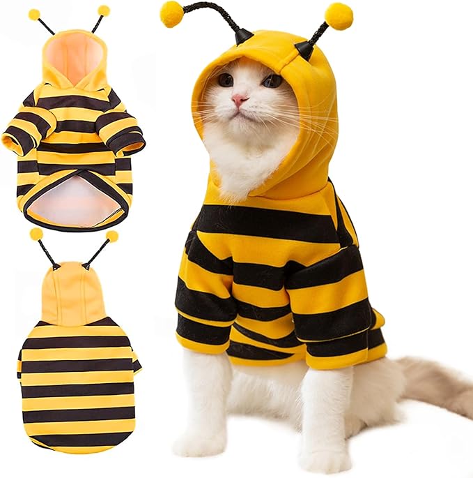 DENTRUN Sphynx Hairless Cats Costume Funny Bee Warm Winter Sweater Cute Pullover Kitten Shirts Breathable Cat Leisure Wear Turtleneck Vest Adorable Cat's Clothes Jacket Pajamas Jumpsuit, L