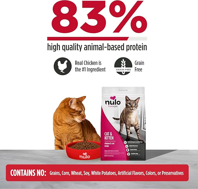 Nulo Freestyle Cat & Kitten Dry Food - Chicken & Cod Recipe, High Protein Grain Free Cat Food, Natural Kibble with Probiotics & Omega Fatty Acids, 4lb Bag