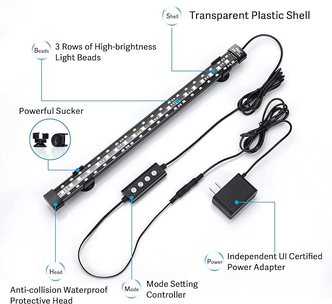 hygger 24/7 Mode Submersible Aquarium LED Light, Full Spectrum Hidden Fish Tank Light with 3 Rows Beads 7 Colors Auto On Off Sunrise-Daylight-Moonlight, Adjustable Timer Brightness 6W