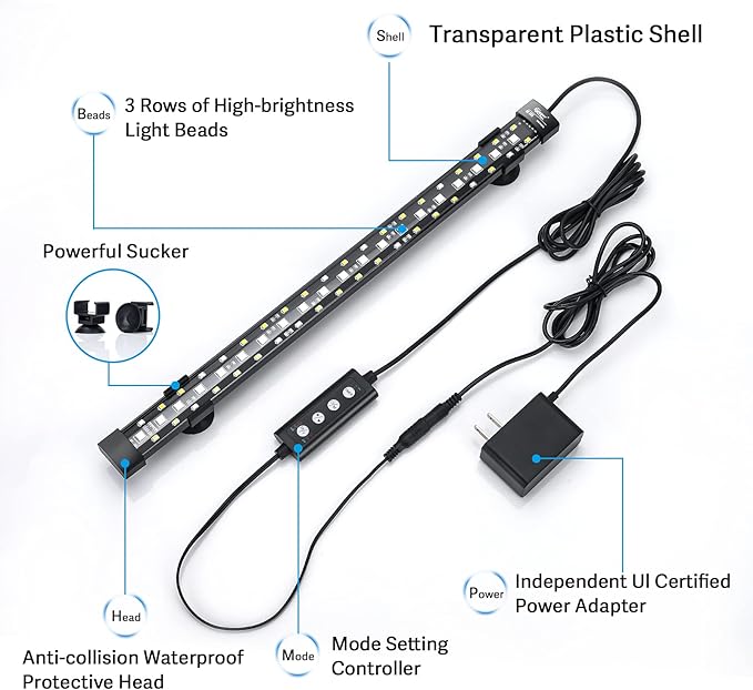 hygger 24/7 Mode Submersible Aquarium LED Light, Full Spectrum Hidden Fish Tank Light with 3 Rows Beads 7 Colors Auto On Off Sunrise-Daylight-Moonlight, Adjustable Timer Brightness 8W