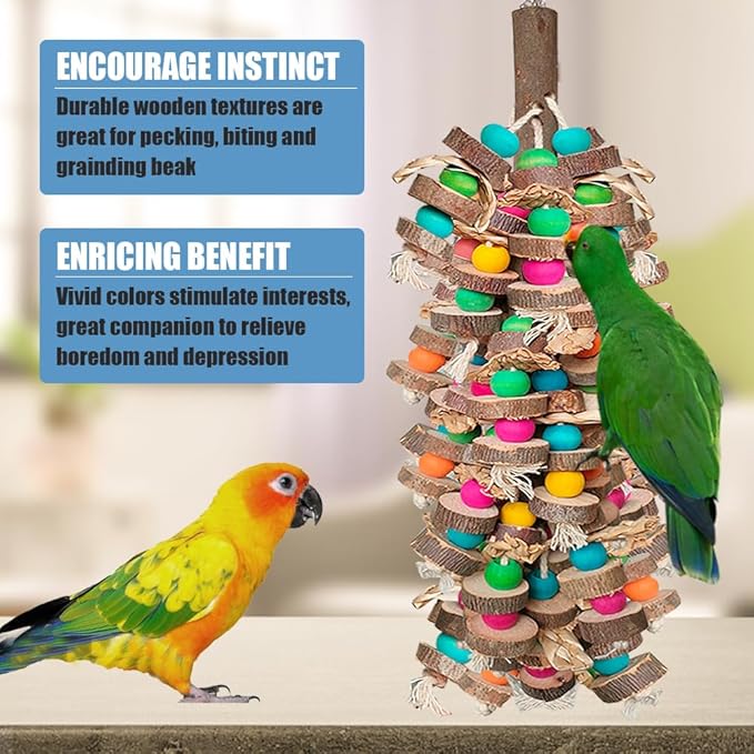 Large Bird Toys for Macaws, Multicolored Wooden Blocks Bird Chewing Toy Parrot Cage Bite Toy for Macaws Cokatoos African Grey and Large Medium Parrot Birds