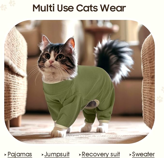 DENTRUN Cat Clothes for Hair Control with Hair Sticky Fabric - Soft Recovery Suit & Breathable Lint-Resistant Cat Sweater for Cats Only, Kitten Onesie Pajamas, XXL, Army Green