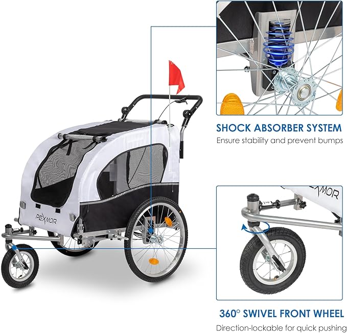 PEXMOR 2-in-1 Dog Bike Trailer, Pet Stroller Bike Trailer for Dogs w/Universal Hitch, Dog Cart for Bicycle Wagon Cargo Carrier w/Shock Absorber & Universal Wheel