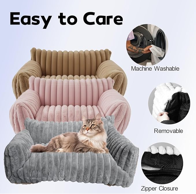 Cat Couch for Pets - Cute Cat Beds for Indoor Cats with Removable Cover, Washable Soft Corduroy Plush, Fluffy Supportive Pet Sofa Chair for Dog, 36 inch, Pink L
