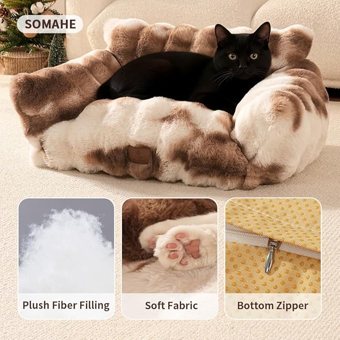Cat Bed for Indoor Cats Dog Couch Cat Couch Bed Washable Dog Beds for Small Dogs & Cats with Removable Cover, Fluffy Pets Couch with Non-Slip Bottom 24"X18"X10"Beige