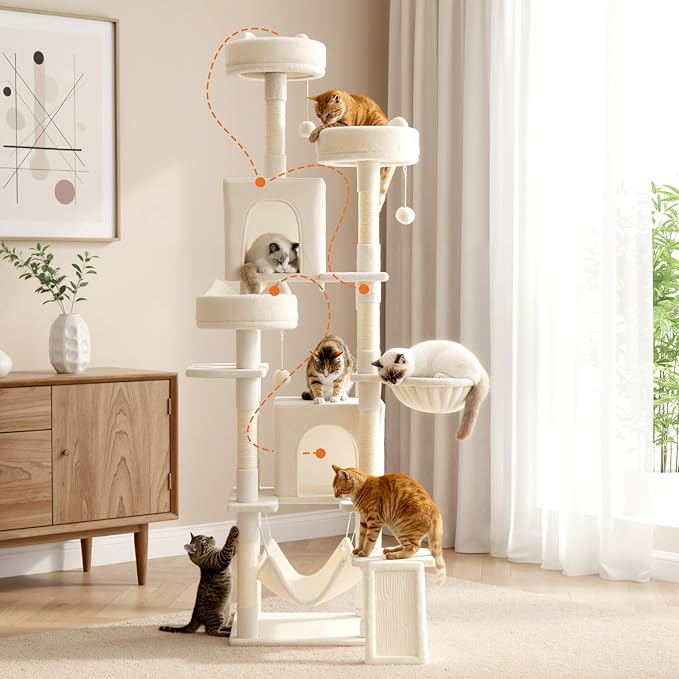 Sweetcrispy Cat Tree 75 Inch, Large Multi-Level Tall Cat Tree Tower with Condo, Perches, Sisal Scratching Posts Board and Hammock, Pet Play House with Dangling Balls for Indoor Cats, Beige