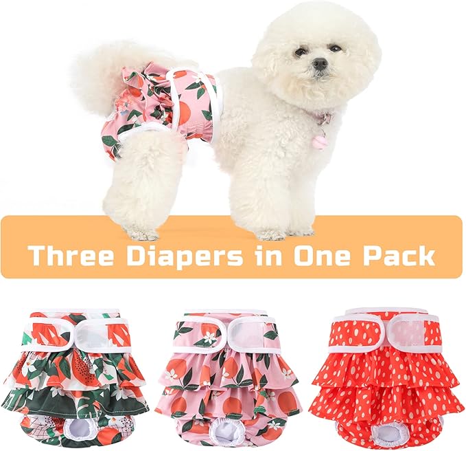 Reusable Dog Diapers Female 3 Pack Washable Premium Highly Absorbent Doggie Diapers, Flexible Puppy Diapers, Durable Leak-Proof Fruit Dog Diapers for Period Heat Incontinence Puppy Training, XS