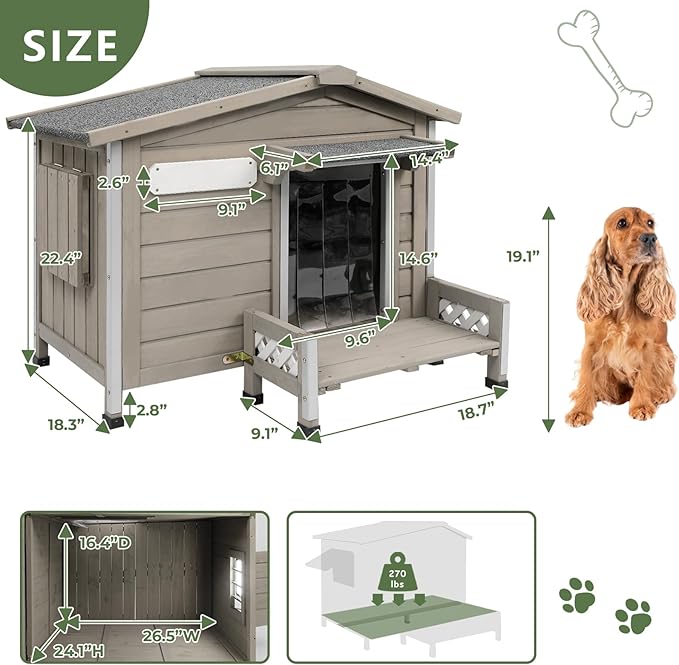 Wooden Dog House Outdoor Weatherproof Chew-Proof Iron Frame, Removable Floor, and Adjustable Window for Small Medium Dogs(Gray, 28.2" L x 18.1" W x 22.4" H)