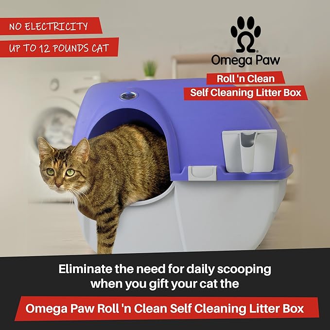 Omega Paw Roll 'n Clean Plastic Indoor Outdoor Automatic Self Cleaning Litter Box with Enclosed Lid for Regular Sized Cats up to 12 Pounds, Periwinkle