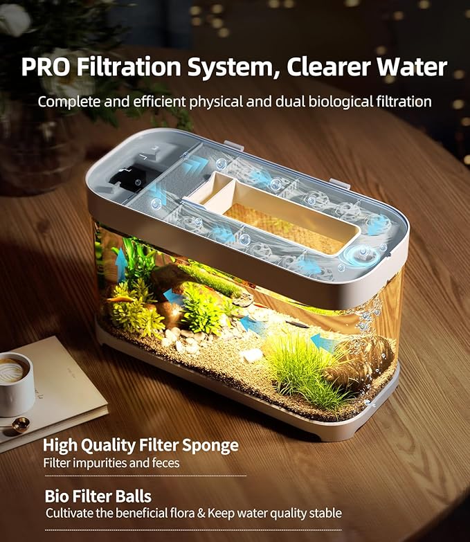 Smart Fish Tank 3 Gallon Aquarium Kit with Heater, Temperature Monitor, 3 Stage Filtration, 8 Color Lighting, Self Cleaning Small Betta Tank Acrylic
