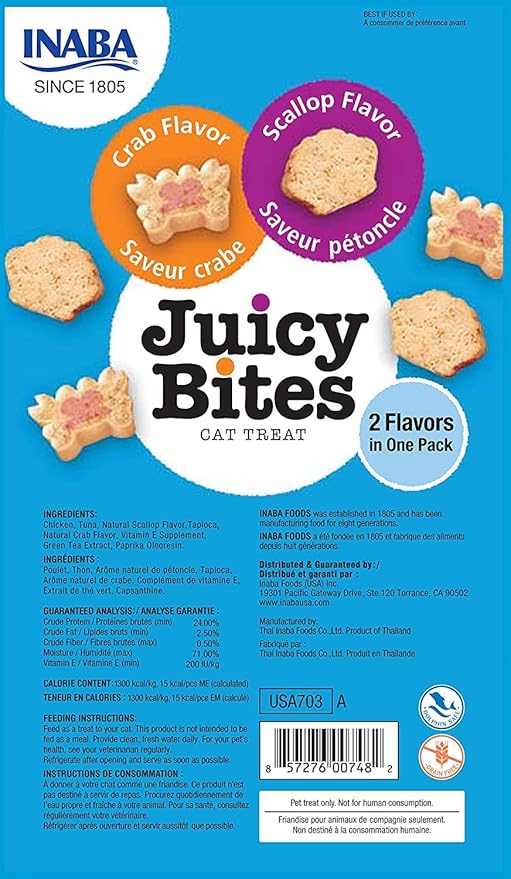 INABA Juicy Bites Grain-Free, Soft, Moist, Chewy Cat Treats with Vitamin E and Green Tea Extract, 0.4 Ounces per Pouch, 9 Pouches Total (3 per Bag), Scallop and Crab Flavor