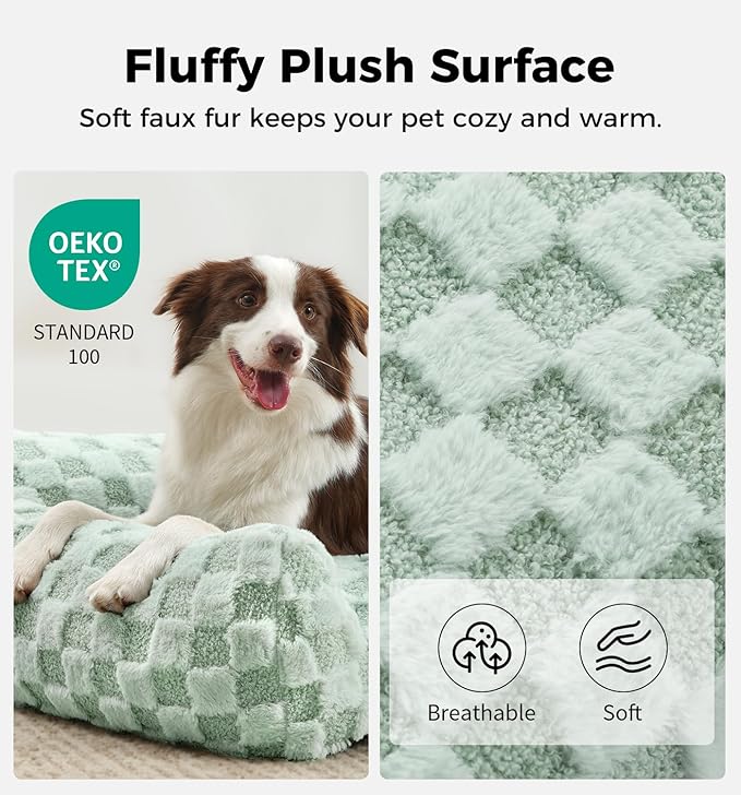 Made4Pets Cat Beds for Indoor Cats, Cat Couch Bed, Soft Faux Fur Checkered Pet Sofa, Calming Fluffy Kitten Sofa with Supportive Foam, Removable Washable Cover with Non-Slip Base, Sage Green, Small
