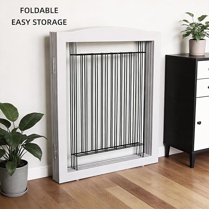 ZJSF Freestanding Dog Fence Indoor, Foldable Dog Gate for Doorways, Stairs or Hallways, Sturdy Wood Extra Wide Pet Gate with Support Feet for The House, Grey, 24 "Height-3 Panels