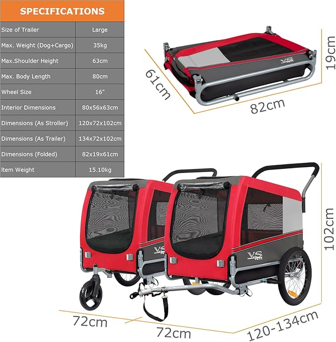 Tiggo Veelar Sports Pets Large Dog Bike Trailer & Stroller for Medium,Large Dog or Multiple Small Dogs, Pet Stroller for Dogs Up to 78 lbs, Parking Brakes, Low Center of Gravity