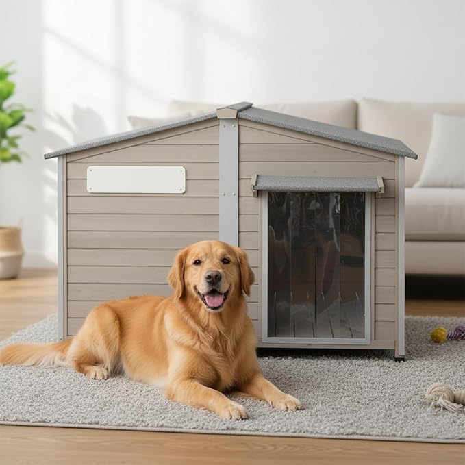 55"L Dog House Outdoor for Large Breed, XL Extra Dog House with Window Weatherproof Pet Shelter with Openable Asphalt Roof, Anti-Chewing Frame, Removable Floor,10 Support Feet for Medium to Large Dogs