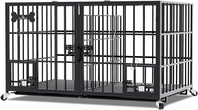 Dosker 54 inch XL Dog Crate for Large Dog/Double Medium Dogs,Heavy Duty Metal Dog Cages,All Metal Open Top Stackable,Dog Kennel Indoor with Wheels,Floor Grid, Tray, Divider and Feeding Bowl