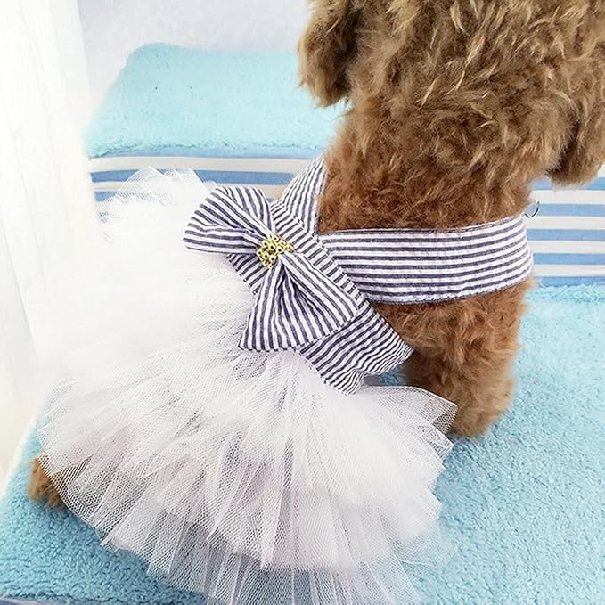 Dog Dresses, Fashion Pet Dog Clothes, Striped Mesh Puppy Dogs Princess Dresses (Blue, X-Small)