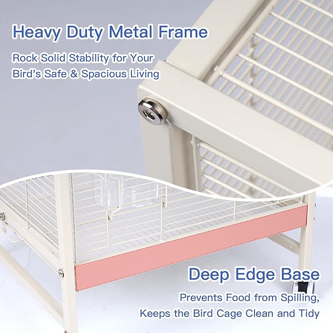 19x19x26 Inch Large Bird Cage for Parrots & Parakeets, Birdcages with Stand & Wheels, Easy Clean Slide Out Tray, Include Wood Perches, Feeder & Water Bottle for Cockatiel, Lovebird, Pigeon, White