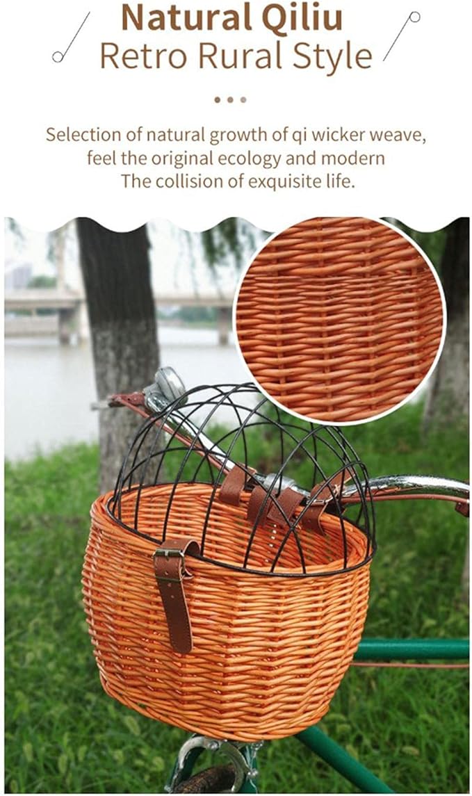 Wicker Bike Basket for Small Dogs Cats Pet Carrier Bicycle Front Basket with Wire Mesh Cover, 30*25cm