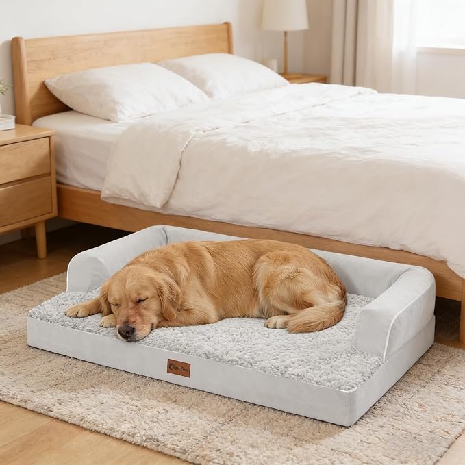 Orthopedic Dog Beds for Large Sized Dogs, Waterproof Egg Crate Foam Large Dog Couch Beds with Comfy Bolster 36x27Inch, Washable Pet Beds with Removable Cover and Nonskid Bottom, Grey White