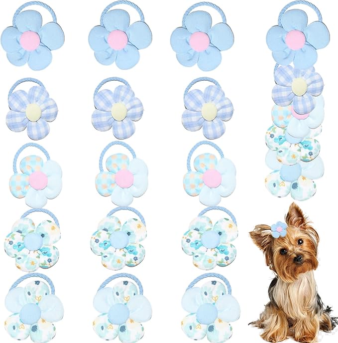 20 Pcs Handmade Cute Puppy Hair Bows, Flower Bowknot with Rubber Bands for Small Dog Hair Ties Accessories Light Blue