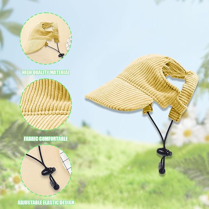 Dog Baseball Cap, Dog Cat Summer Beach Visor Hat with Ear Holes, Adjustable Puppy Sunbonnet Headdress (Yellow, Small)