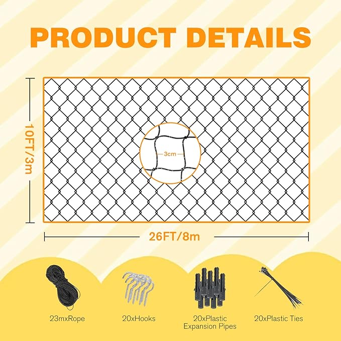 Steel Reinforced Cat Netting for Balcony Anti-Fall Fence Safety Net, Extra Strong Cat Net for Catio Safety Cat Balcony Netting for Pets Cat Proof Screen Pet Net Cat Balcony Protection Barrier10FTx26FT