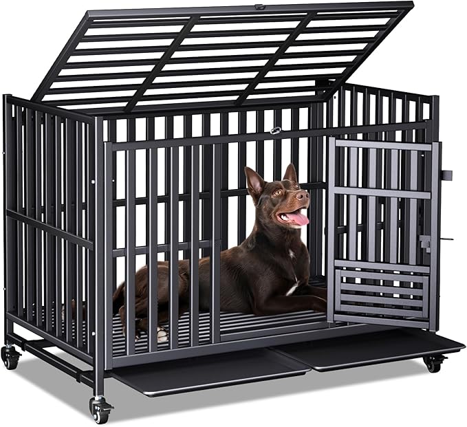 Heavy Duty Dog Crate, Reinforced Thickened Steel Frame Indestructible Kennel for Large & High Anxiety Dogs, Escape Proof Design with 3 Doors, 4 Lockable Wheels and 2 Removable Trays (48inch)