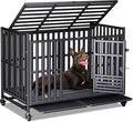 Heavy Duty Dog Crate, Reinforced Thickened Steel Frame Indestructible Kennel for Large & High Anxiety Dogs, Escape Proof Design with 3 Doors, 4 Lockable Wheels and 2 Removable Trays (48inch)