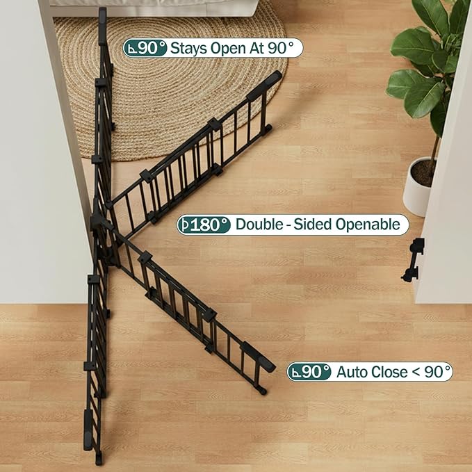 Mumeasy 29.5-43.3" Baby Gate for Stairs, No Bottom Bar Dog Gate with Removable Door & Slide-Adjust Drill Mount, Extra Wide Stairway & Hallway Walk Thru Pet Safety Gate for Doorways, Kitchen (Black)