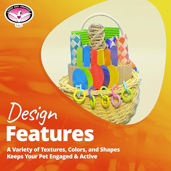 Super Bird Creations SB669 Wicker Foraging Basket Bird Toy for Parrots Cockatiels Ringnecks Medium Conures Quakers,Caiques Pionus - Crunchy Multi-Colored Textures - Medium Bird Size, 10” x 4” x 5”