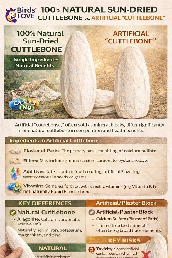 Birds LOVE 3.5-4″ Cuttlebones for Birds – 100% Natural Sun-Dried Calcium Carbonate Mineral Supplement – for Parakeets, Budgies, Cockatiels, Finches & Canaries – 12 Pack with Holder – Made in Vietnam