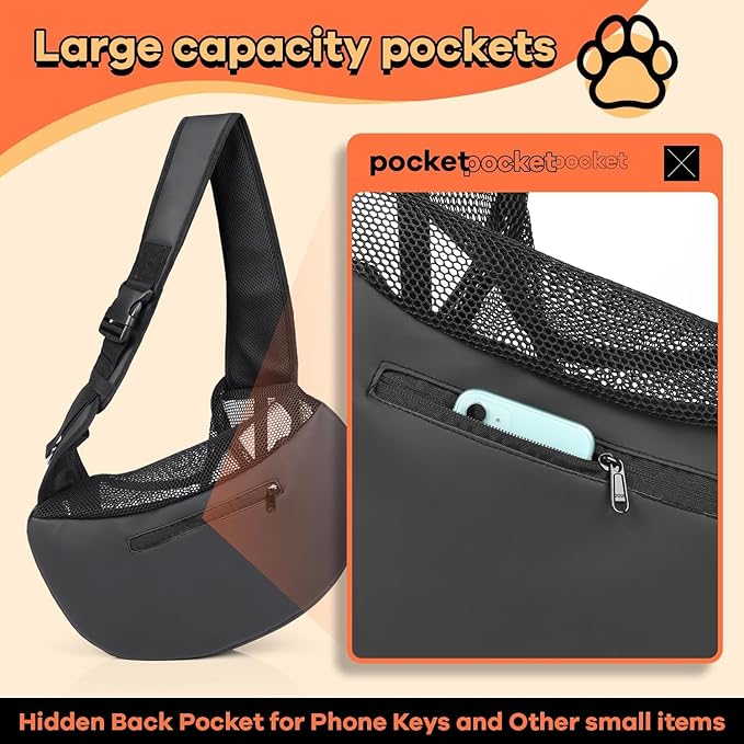 YUDODO Pet Sling Carrier for 5-9 lbs Small Dogs & Cats – Hands-Free Puppy Carrier with Safety Hook, Large Zipper Pocket, Soft Breathable Mesh, Adjustable Strap & Reflective Strip (Black 3.0 M)