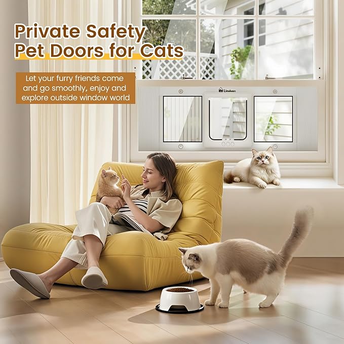 Cat Door for Window, Quick Installation Adjustable Width of 23"-28", Cat Window Door with 4 Locking Modes, Magnetic Closure Design, Weatherproof Aluminum Frame Cat Door Window Insert