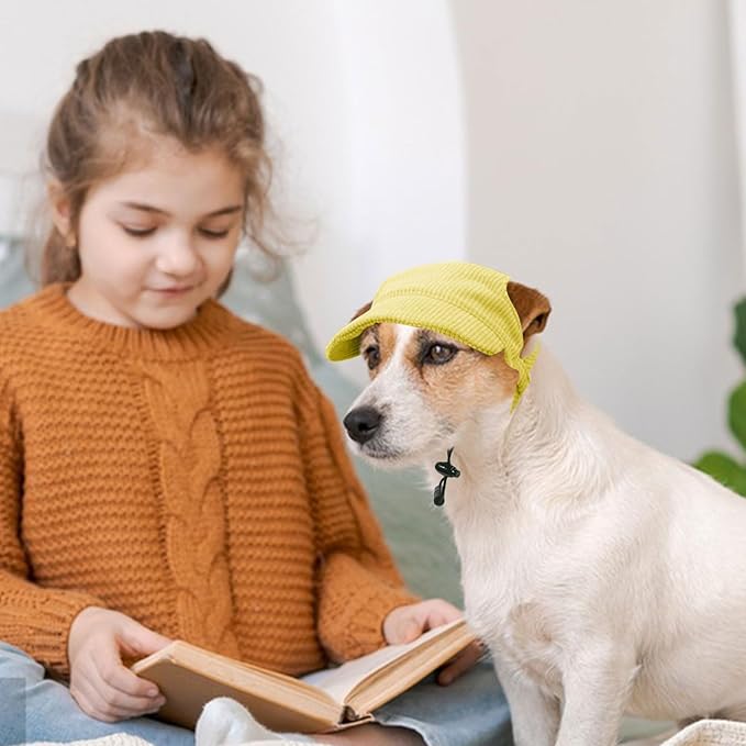 Dog Baseball Cap, Dog Cat Summer Beach Visor Hat with Ear Holes, Adjustable Puppy Sunbonnet Headdress (Yellow, Large)
