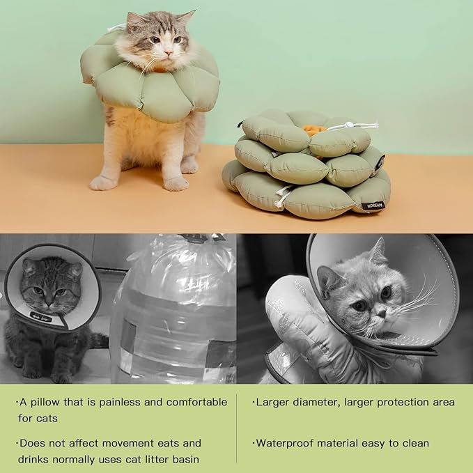 Cat Cone Collar,Cute Waterproof Cat Recovery Collar,Anti-Bite Lick Wound Healing Safety Elizabethan e Collar for Cats,Green Flower All-Season Style