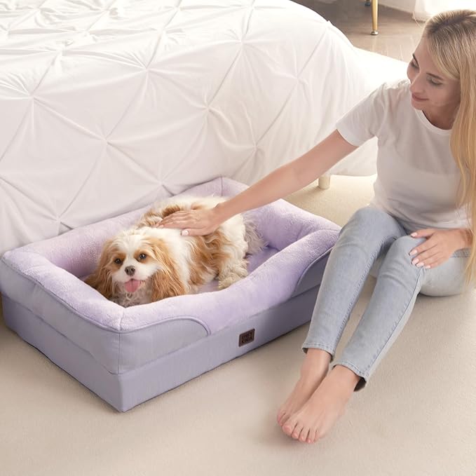 EHEYCIGA Orthopedic Dog Bed for Large Sized Dog, 36x27x7 Inch Large Memory Foam Dog Couch Bed with Sides, Waterproof Liner & Washable Removable Cover, Bolster Pet Sofa, Purple