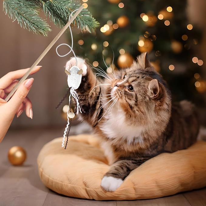 NOWFRESH Cat Wand Toy Set, 2 PCS Interactive Cat Teaser Wands with Cute Kitty & Rabbit Designs, Equipped with Bells and Streamers to Captivate Your Cat’s Attention